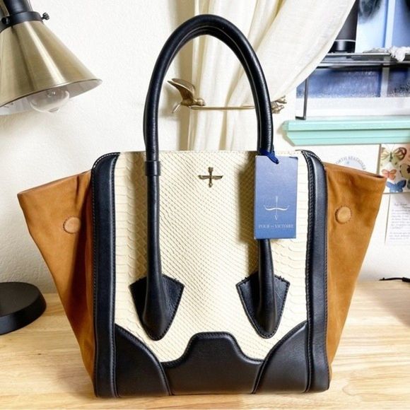 Pour La Victoire Handbags - Pour La Victoire Butler Snake Embossed Bone and Coffee Large Tote EUC